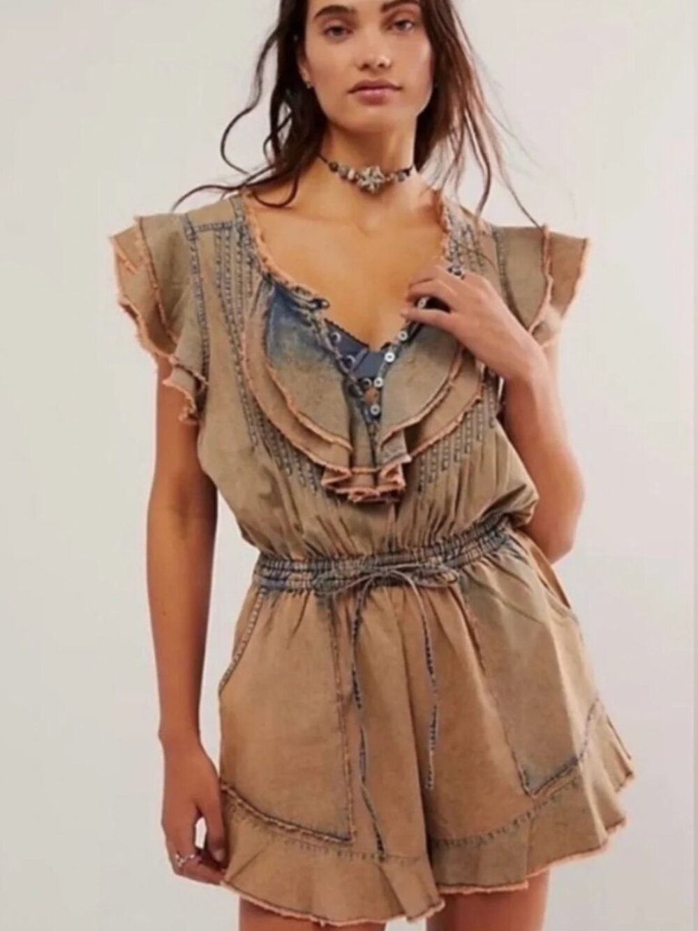 FREE PEOPLE ONE NAYA CHAMBRAY ROMPER